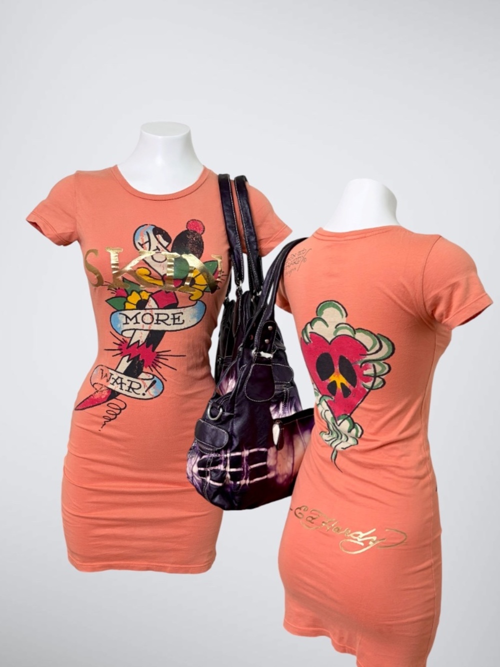 VTG 2000s Ed Hardy “SKIN” More War Tattoo Mini Dress Salmon Pink Gold Foil Y2K M